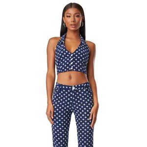 The Kript Navy Blue Floral Halter 70s Style Crop Top Size Medium